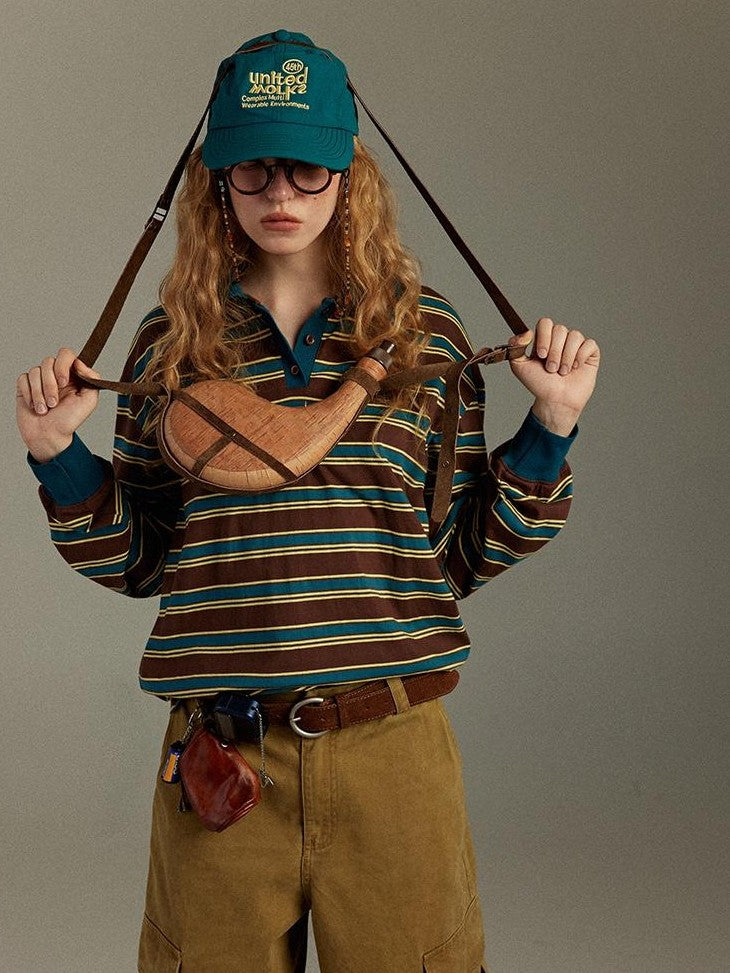 lulugray Striped Colorblock Patchwork Polo Collar Women&