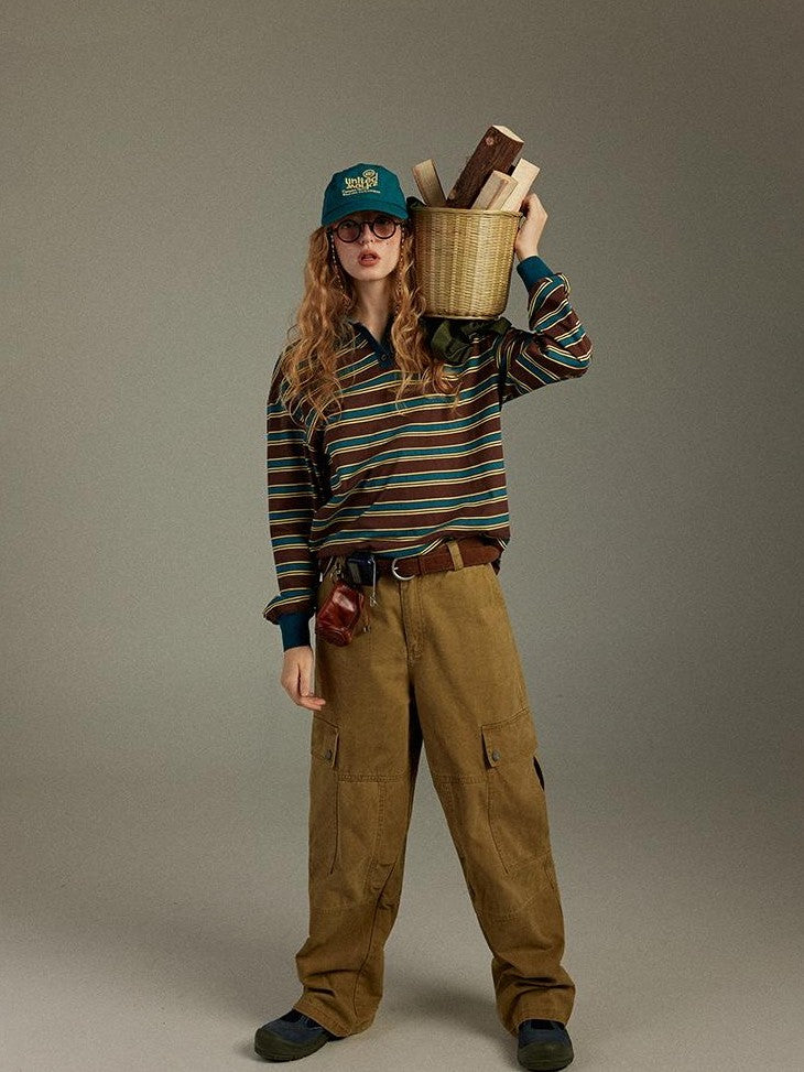 lulugray Striped Colorblock Patchwork Polo Collar Women&