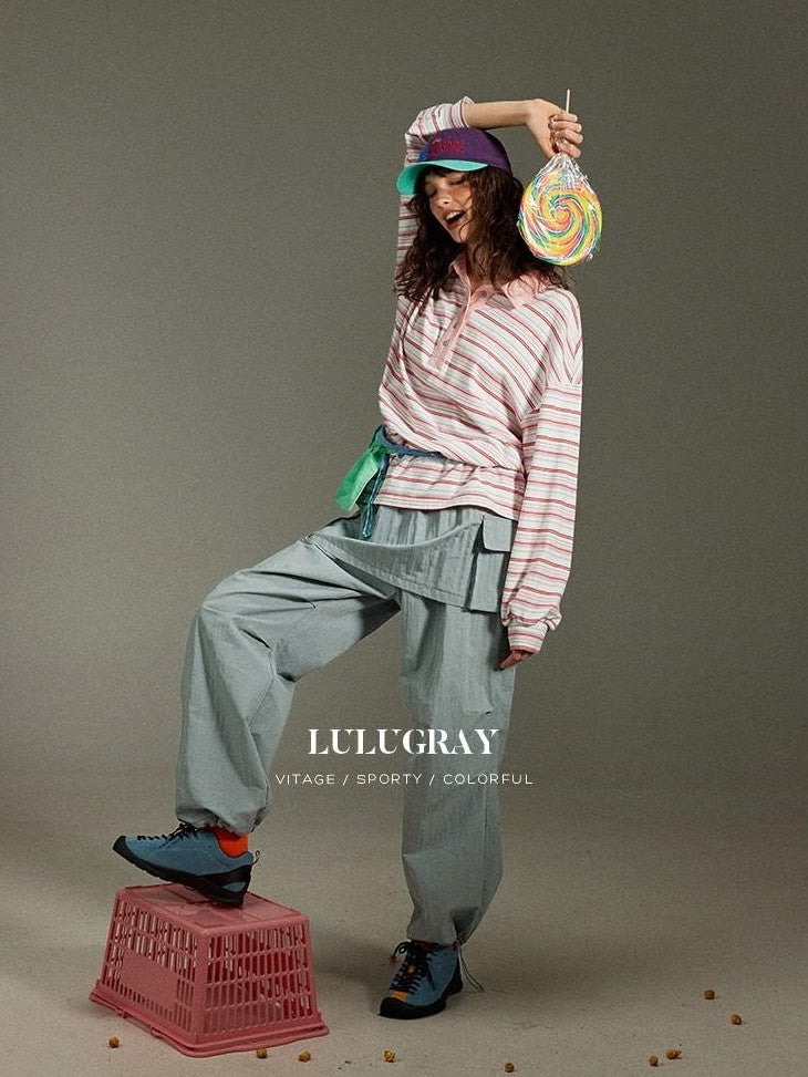 lulugray Striped Contrast Patchwork Printed Henley Women&