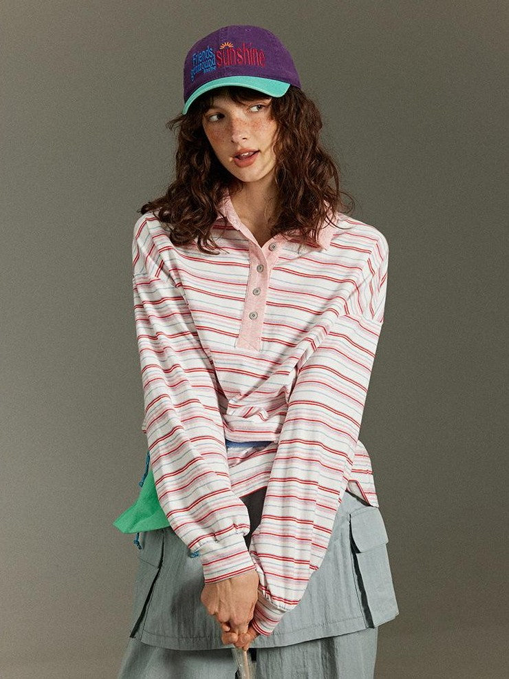 lulugray Striped Contrast Patchwork Printed Henley Women&