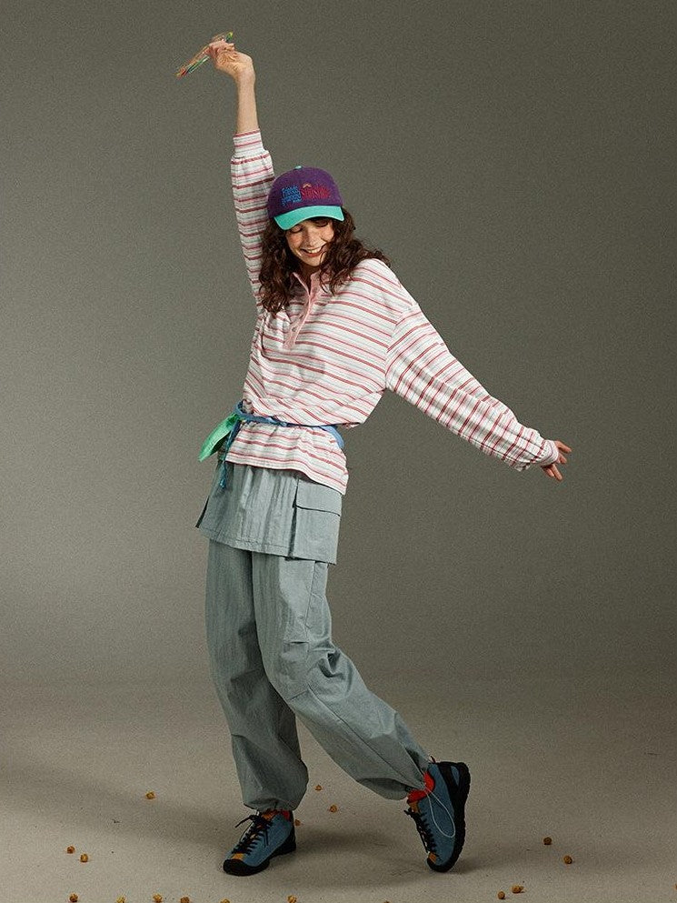 lulugray Striped Contrast Patchwork Printed Henley Women&