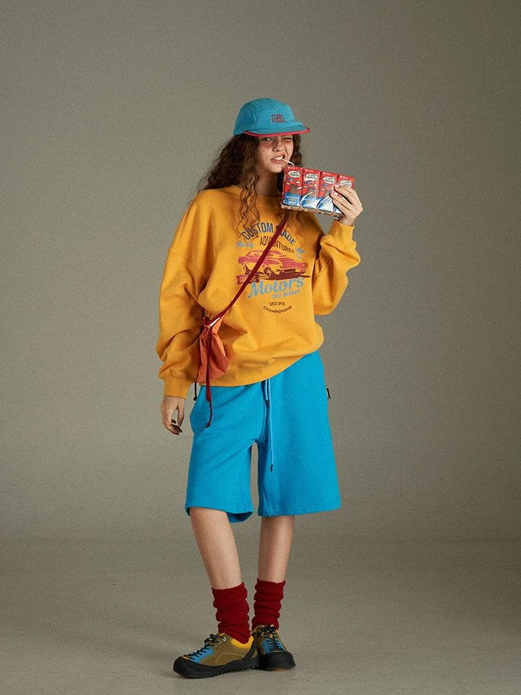 lulugray Vintage Blue Drawstring High Waist Wide Leg Pockets Loose Women&