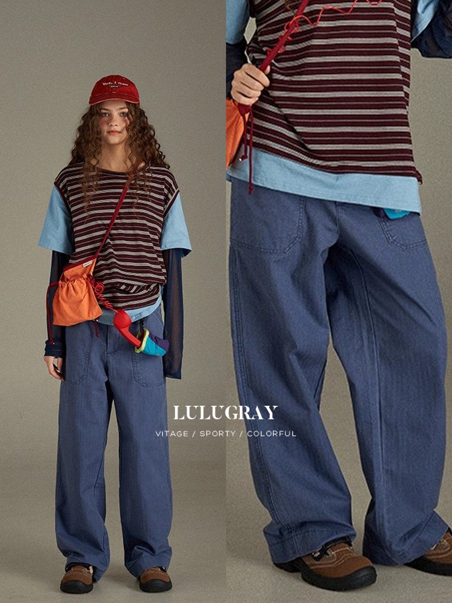 lulugray Vintage Blue High Waist Cargo Large Pocket Relaxed Women&