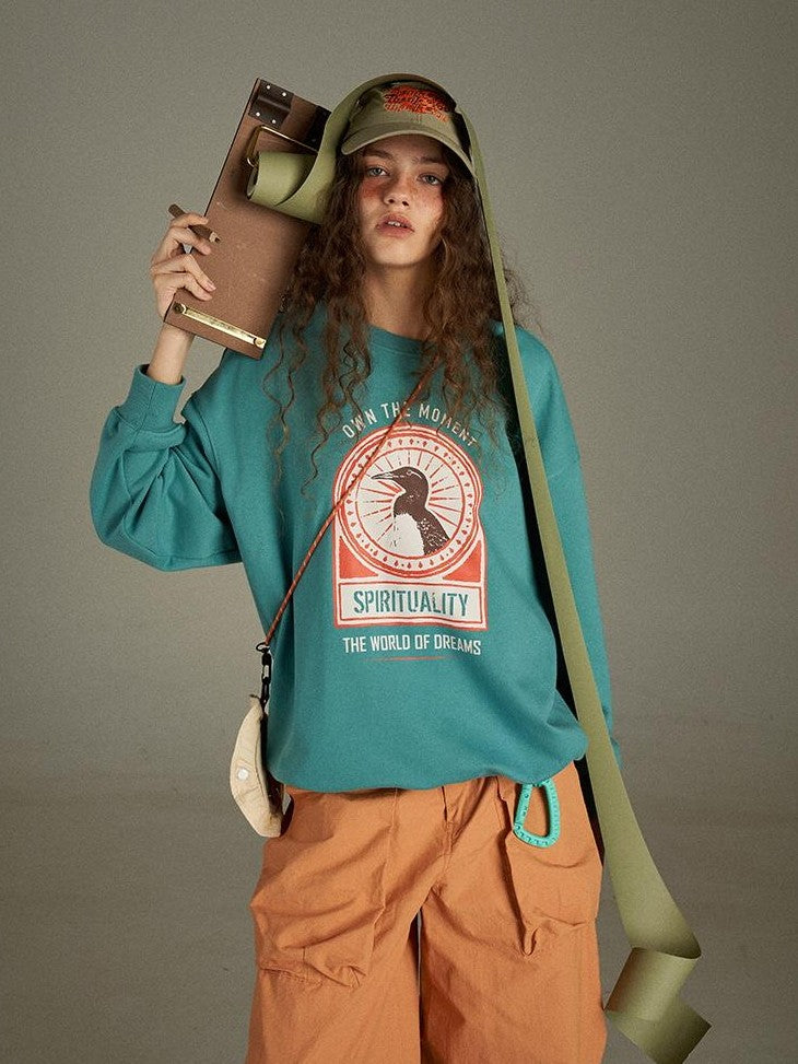 lulugray Vintage Cartoon Print Raglan Crewneck Loose Fit Women&