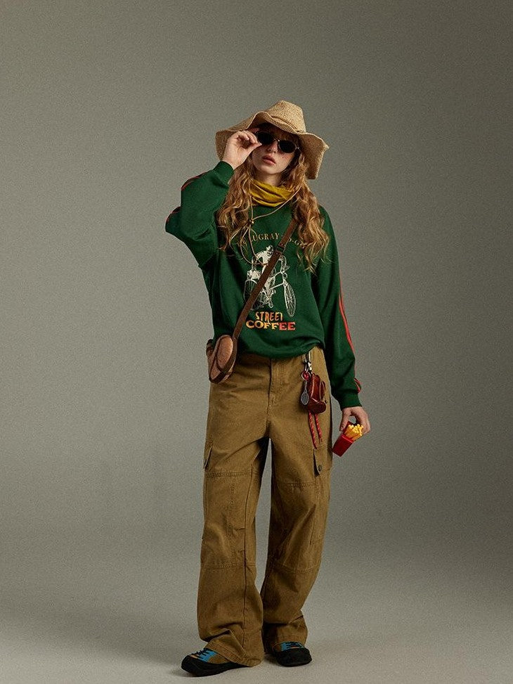 lulugray Vintage Contrast Tape Printed Relaxed Women&