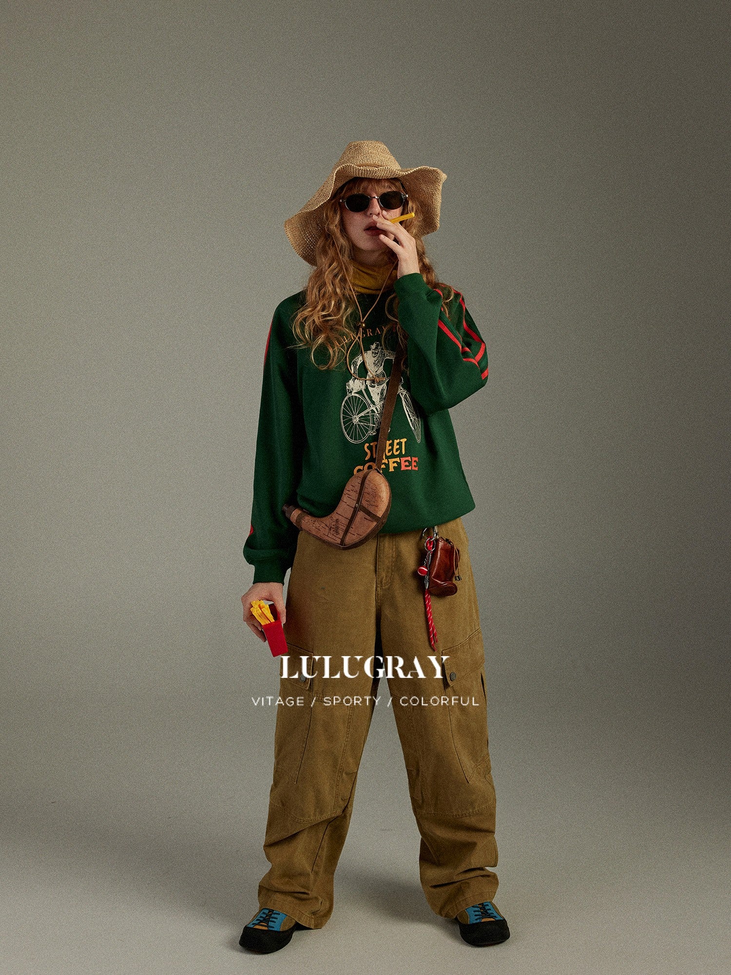 lulugray Vintage Contrast Tape Printed Relaxed Women&