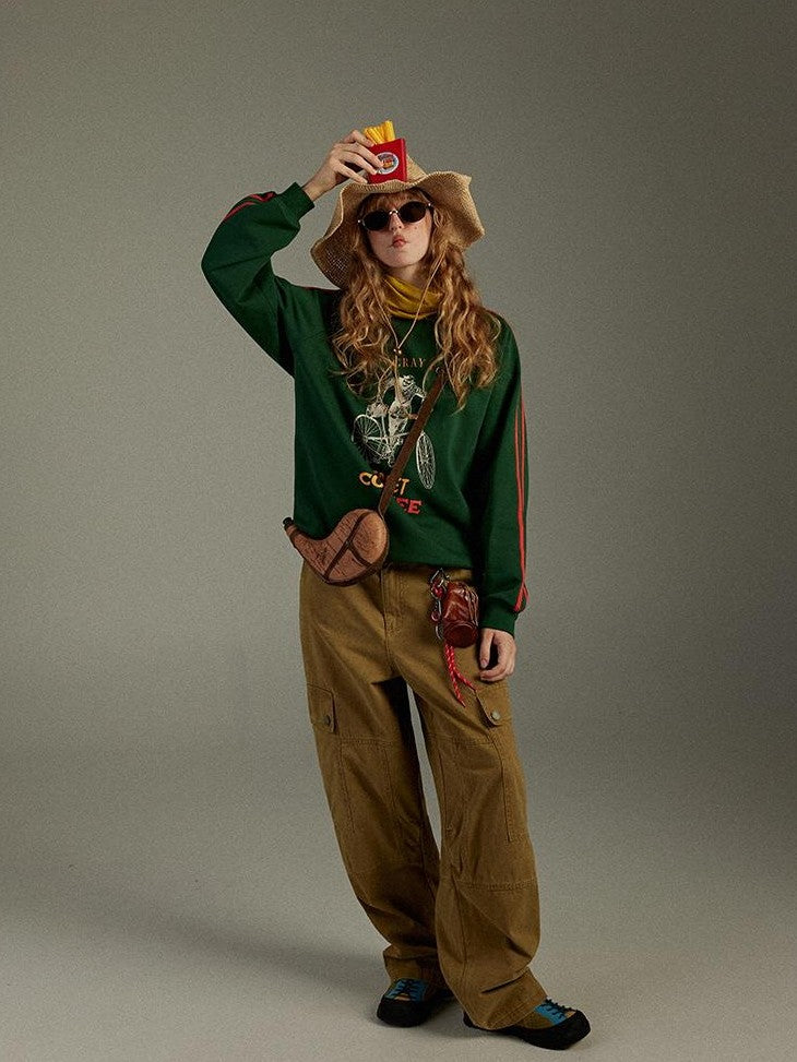 lulugray Vintage Contrast Tape Printed Relaxed Women&