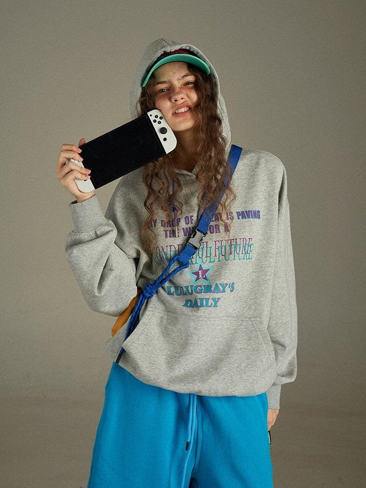 lulugray Vintage Gray Letter Print Relaxed Women&