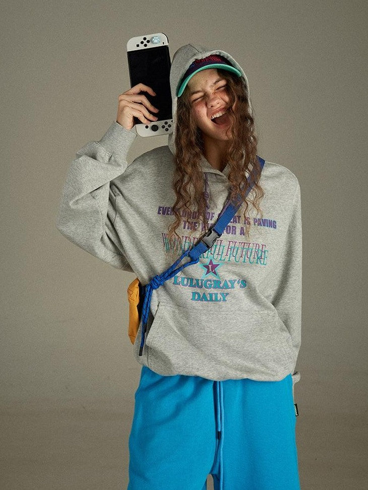 lulugray Vintage Gray Letter Print Relaxed Women&