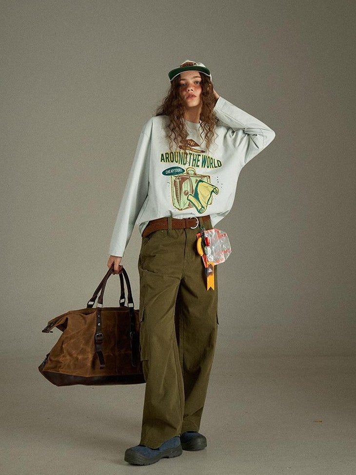 lulugray Vintage Letter Print Loose Crewneck Pullover Women&
