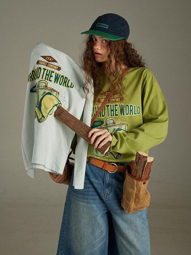 lulugray Vintage Letter Print Loose Crewneck Pullover Women&
