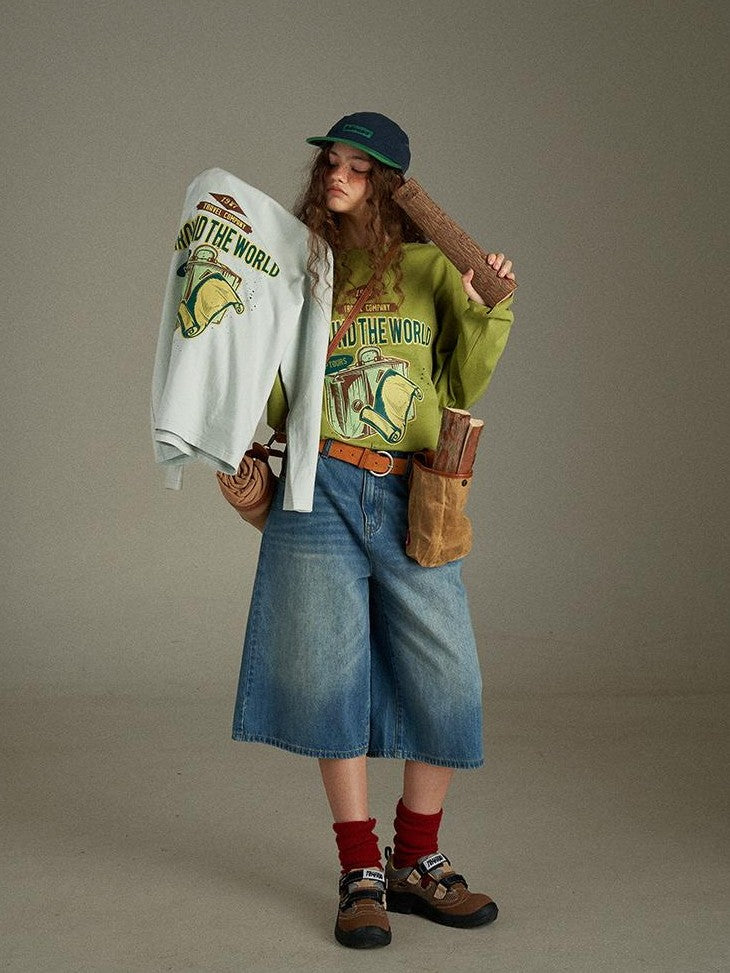 lulugray Vintage Letter Print Loose Crewneck Pullover Women&