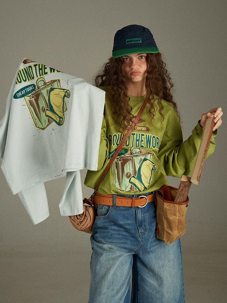 lulugray Vintage Letter Print Loose Crewneck Pullover Women&