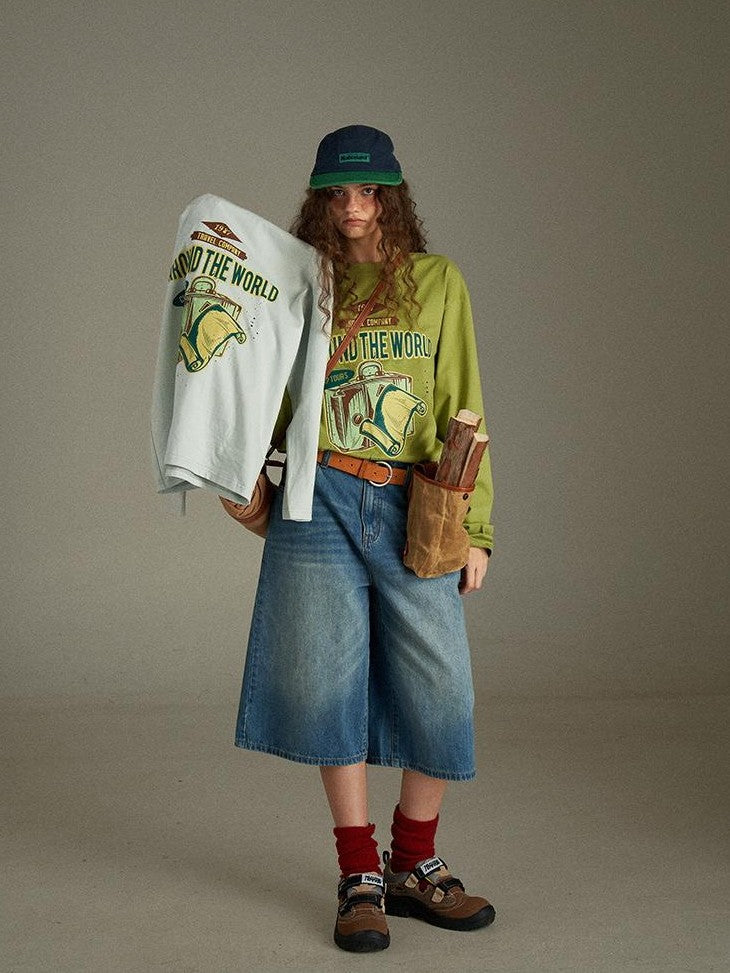 lulugray Vintage Letter Print Loose Crewneck Pullover Women&