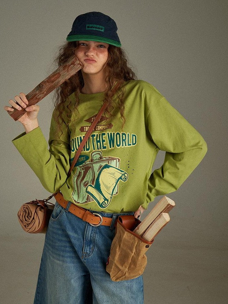 lulugray Vintage Letter Print Loose Crewneck Pullover Women&