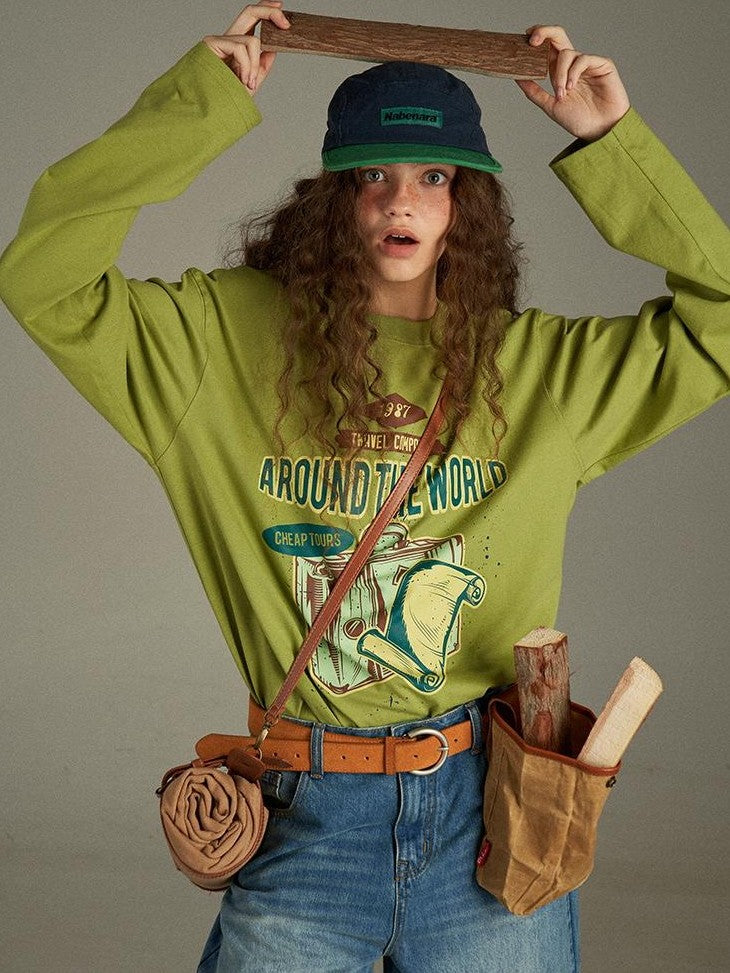 lulugray Vintage Letter Print Loose Crewneck Pullover Women&