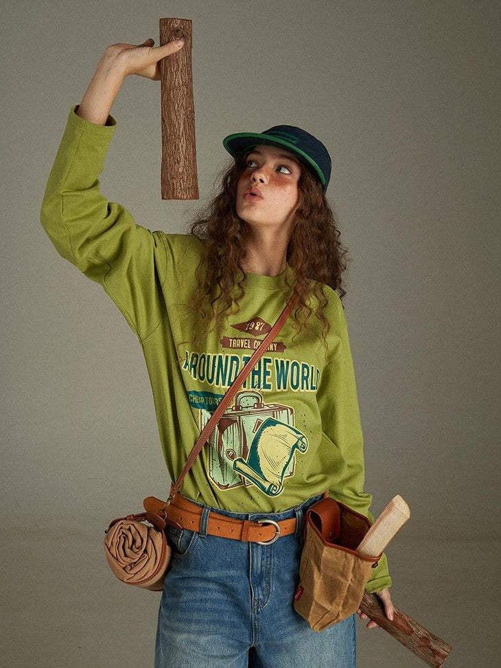 lulugray Vintage Letter Print Loose Crewneck Pullover Women&