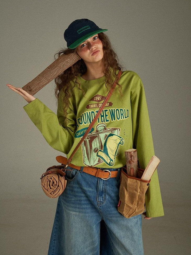 lulugray Vintage Letter Print Loose Crewneck Pullover Women&