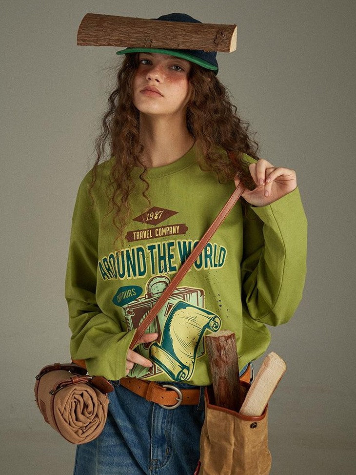lulugray Vintage Letter Print Loose Crewneck Pullover Women&