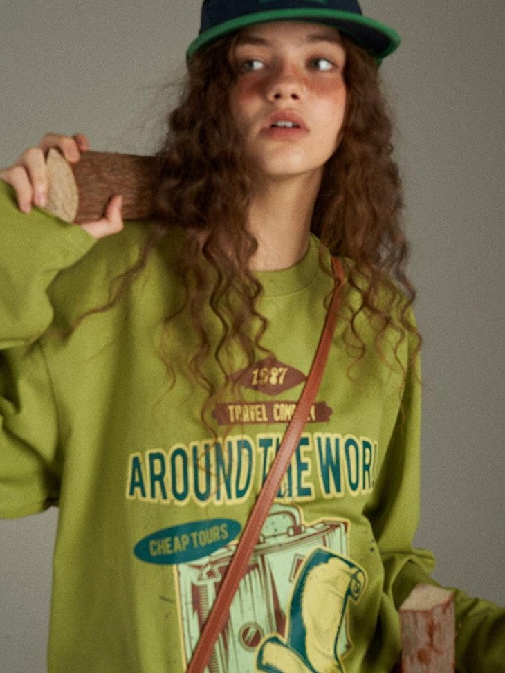 lulugray Vintage Letter Print Loose Crewneck Pullover Women&
