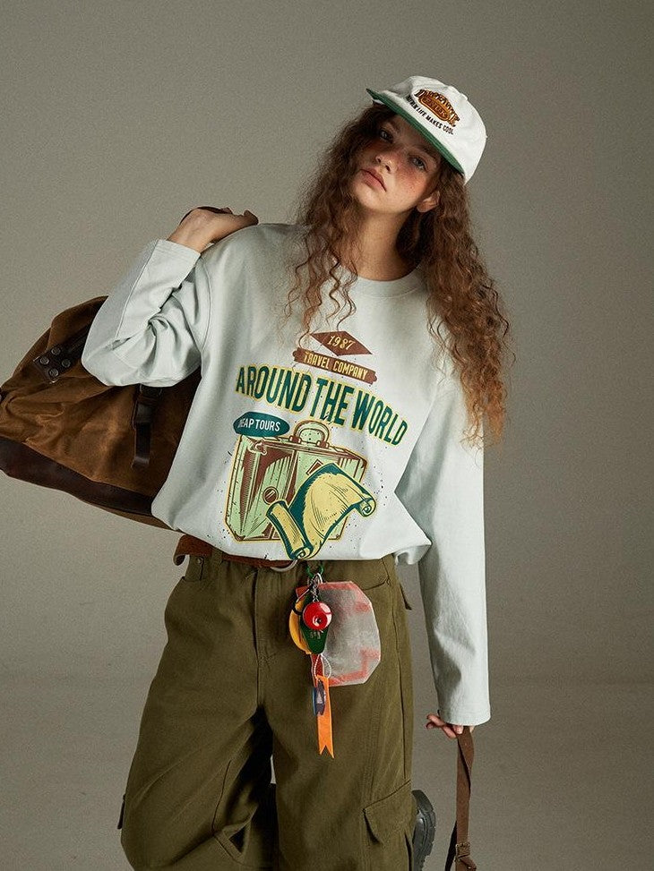lulugray Vintage Letter Print Loose Crewneck Pullover Women&
