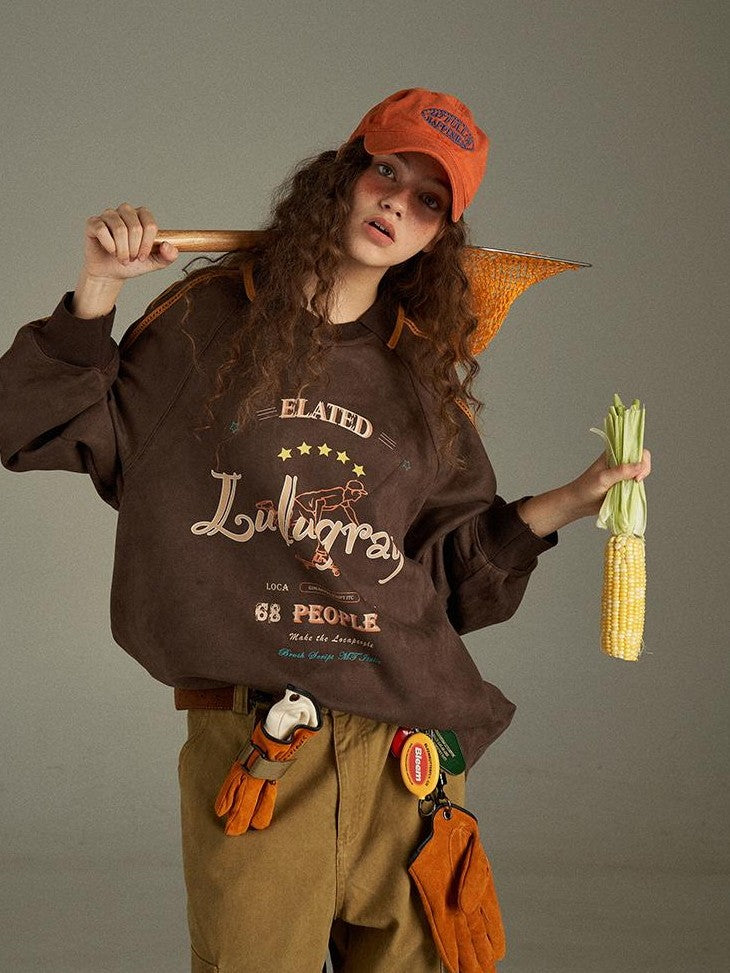 lulugray Vintage Letter Print V-neck Oversized Women&