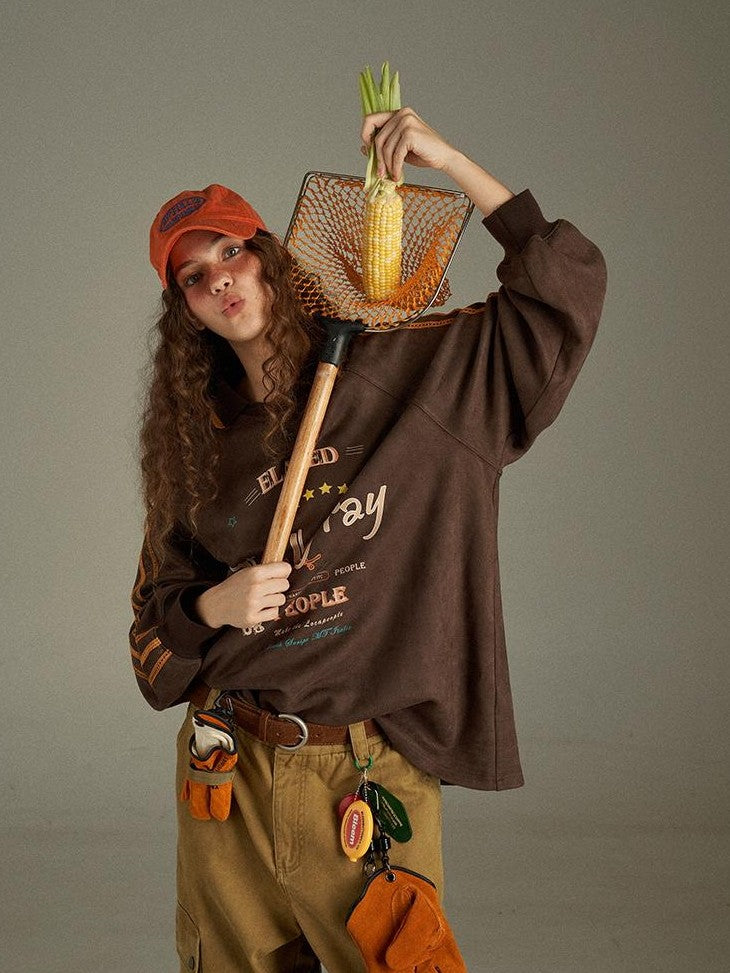 lulugray Vintage Letter Print V-neck Oversized Women&