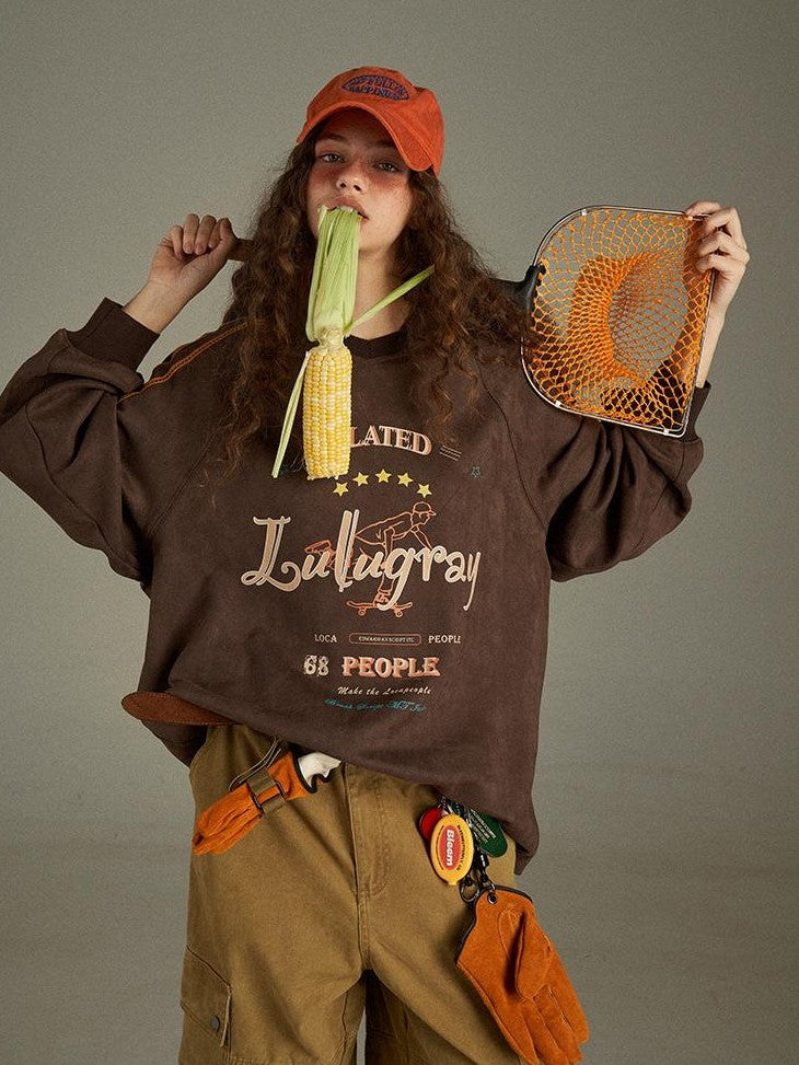 lulugray Vintage Letter Print V-neck Oversized Women&