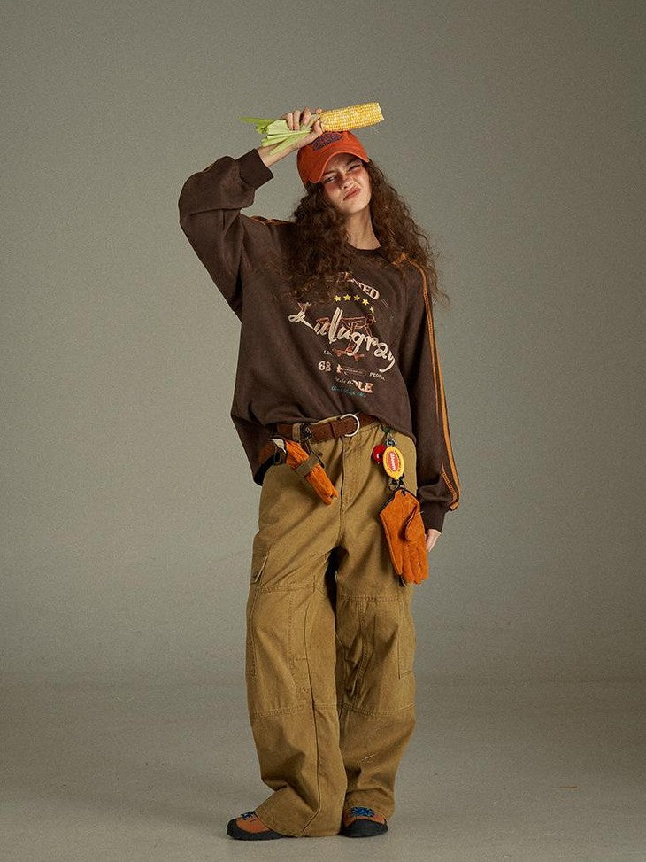 lulugray Vintage Letter Print V-neck Oversized Women&