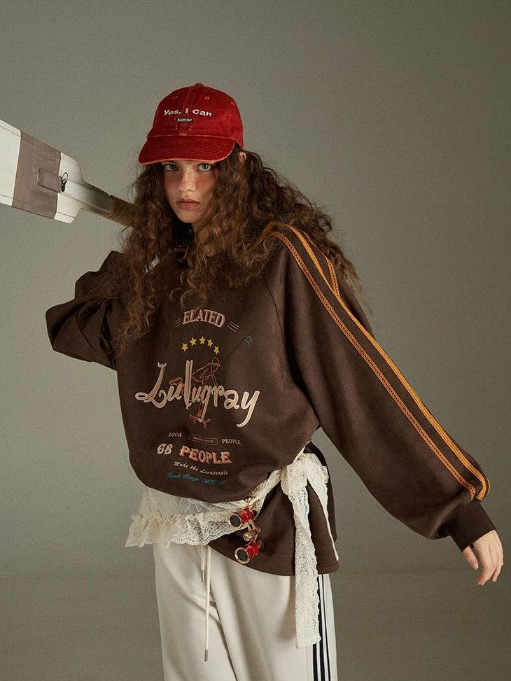 lulugray Vintage Letter Print V-neck Oversized Women&