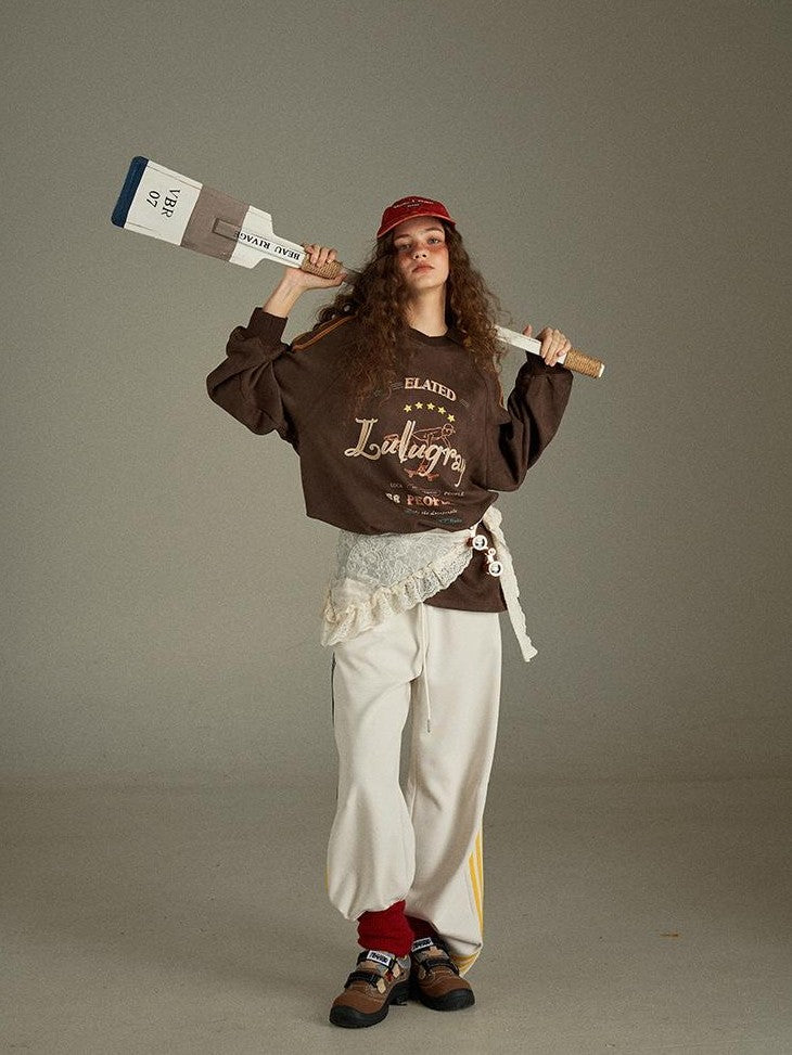 lulugray Vintage Letter Print V-neck Oversized Women&
