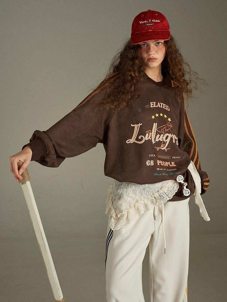 lulugray Vintage Letter Print V-neck Oversized Women&