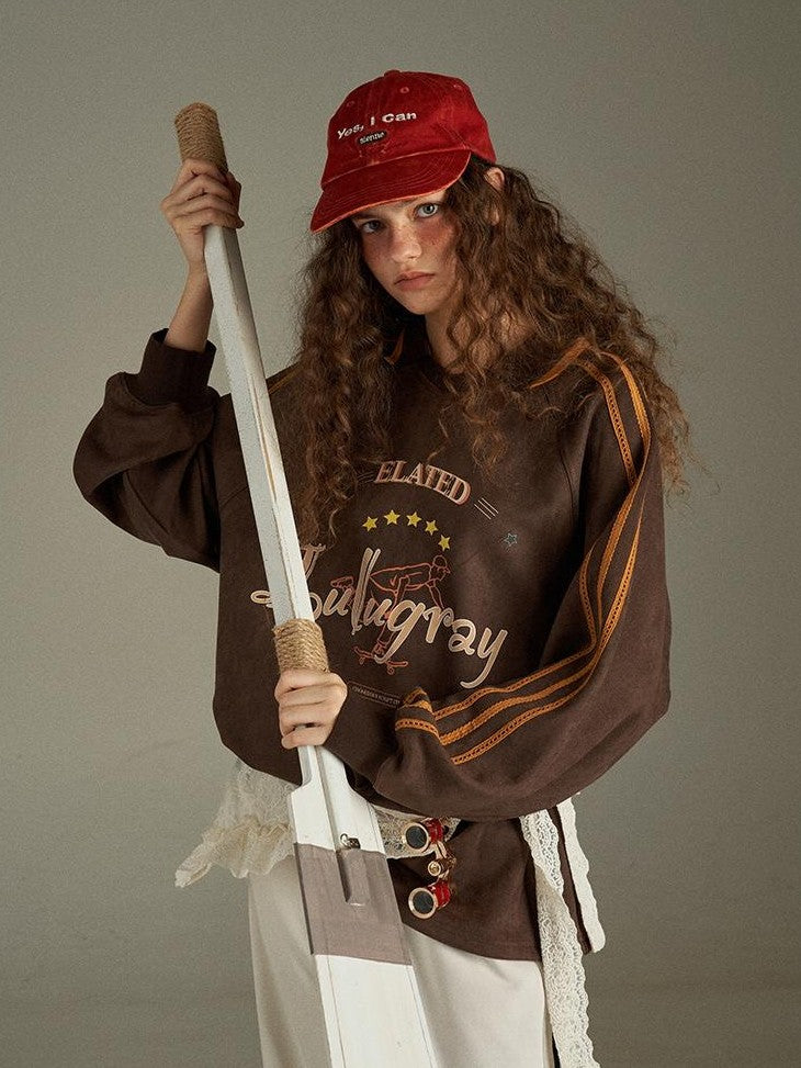 lulugray Vintage Letter Print V-neck Oversized Women&