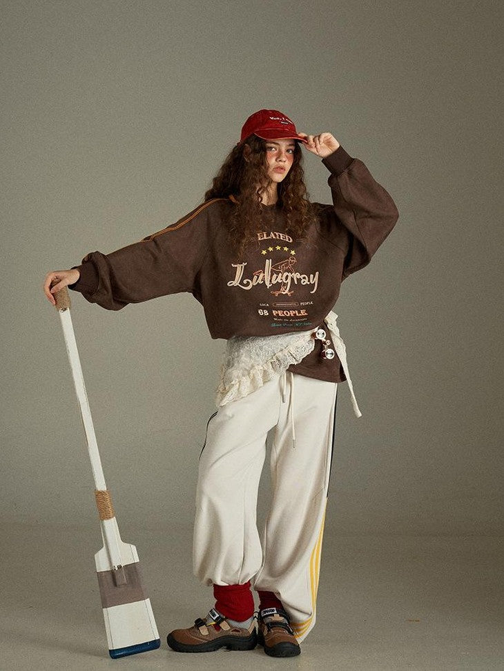 lulugray Vintage Letter Print V-neck Oversized Women&