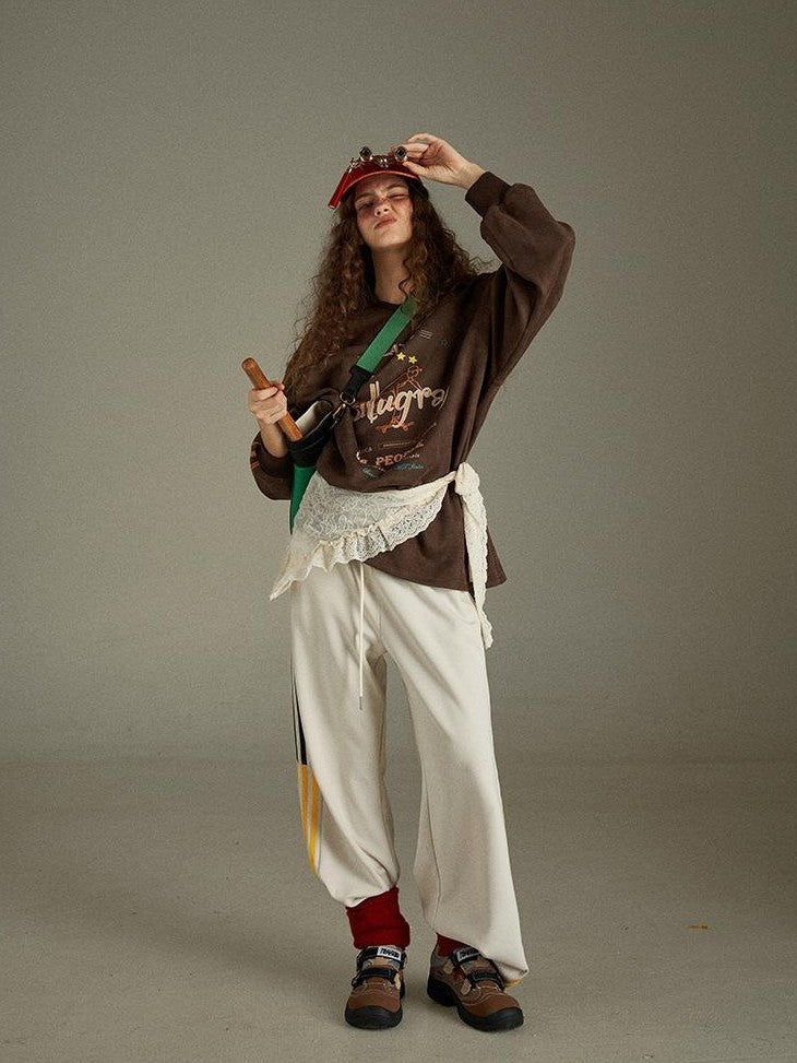 lulugray Vintage Letter Print V-neck Oversized Women&