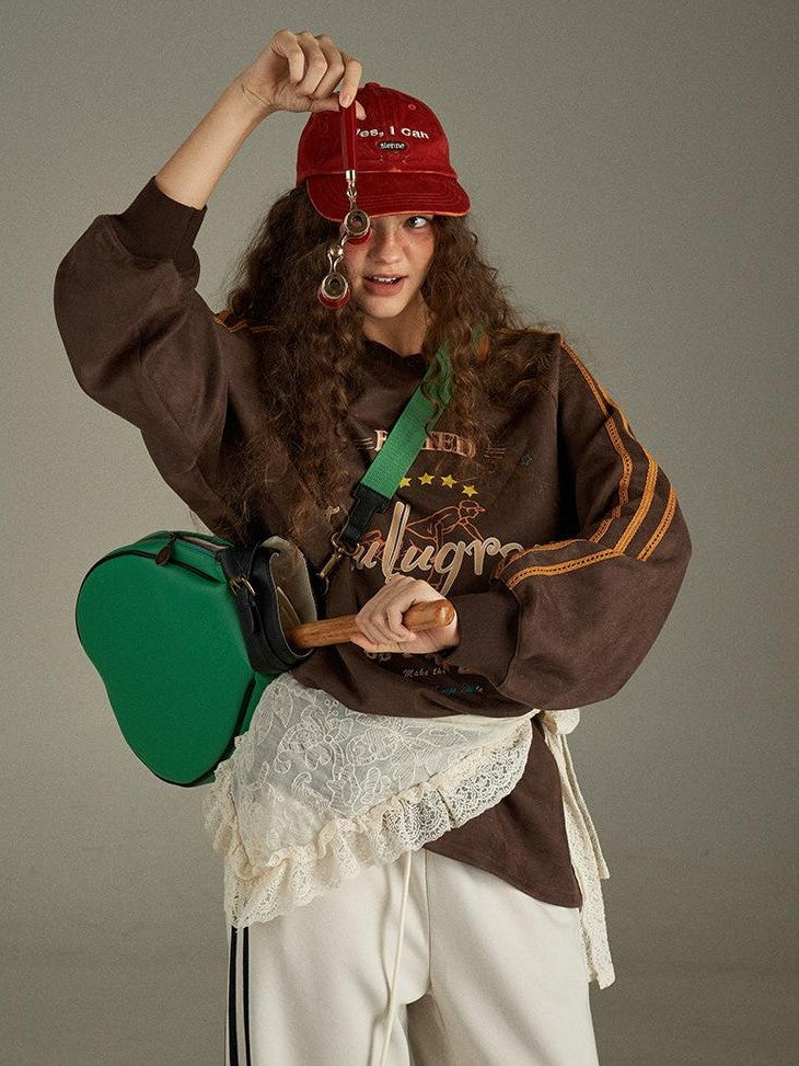 lulugray Vintage Letter Print V-neck Oversized Women&