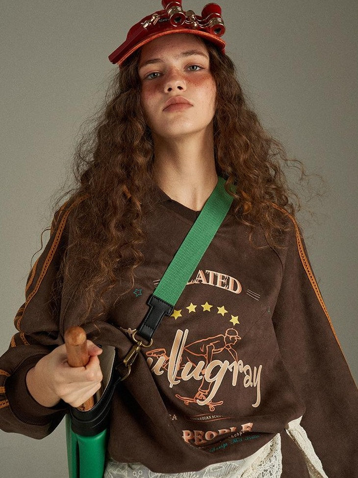 lulugray Vintage Letter Print V-neck Oversized Women&