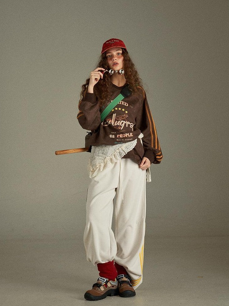lulugray Vintage Letter Print V-neck Oversized Women&