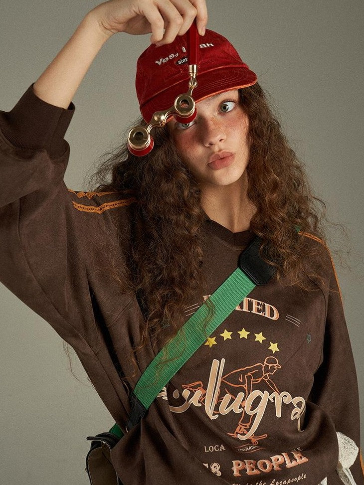 lulugray Vintage Letter Print V-neck Oversized Women&