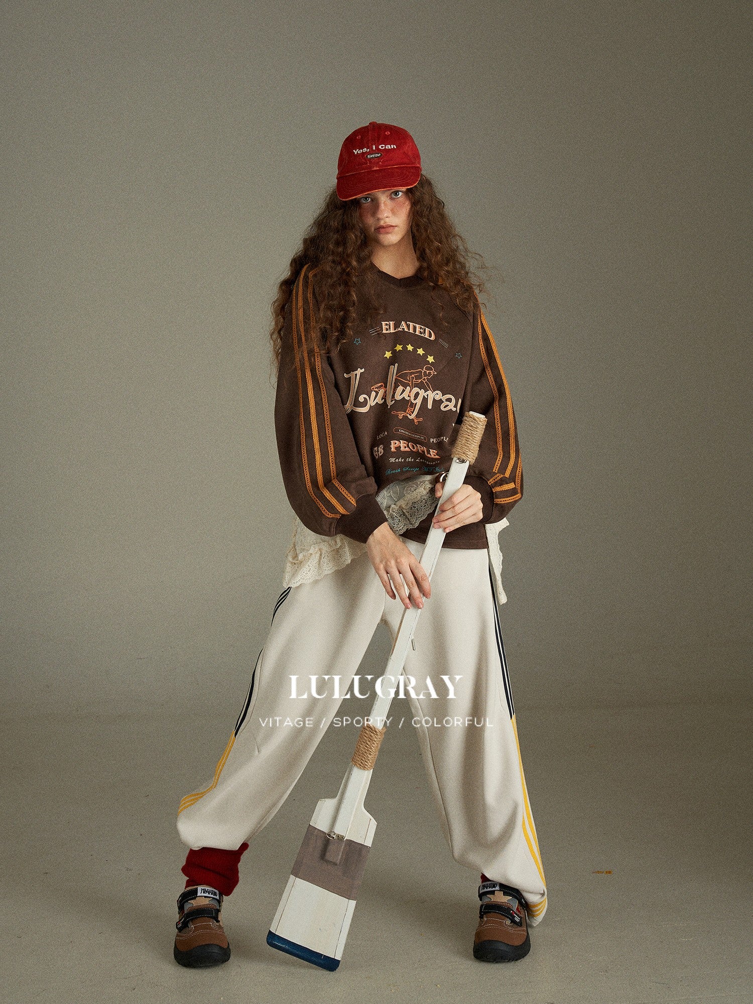 lulugray Vintage Letter Print V-neck Oversized Women&