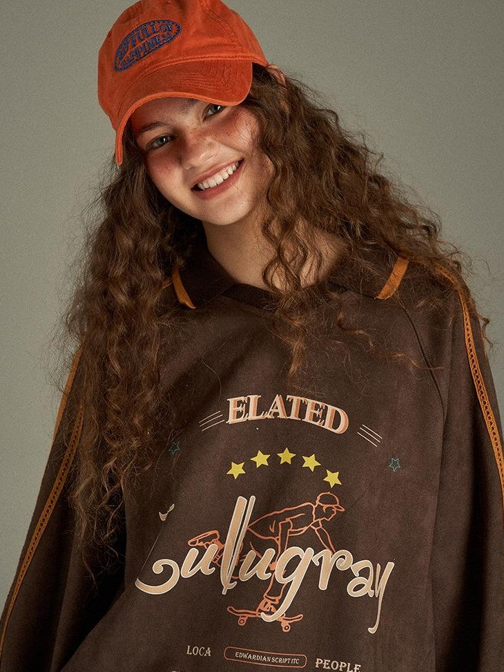 lulugray Vintage Letter Print V-neck Oversized Women&