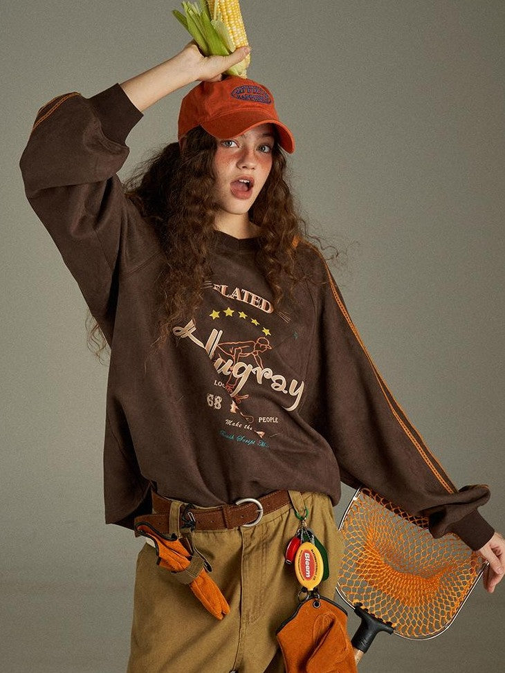 lulugray Vintage Letter Print V-neck Oversized Women&