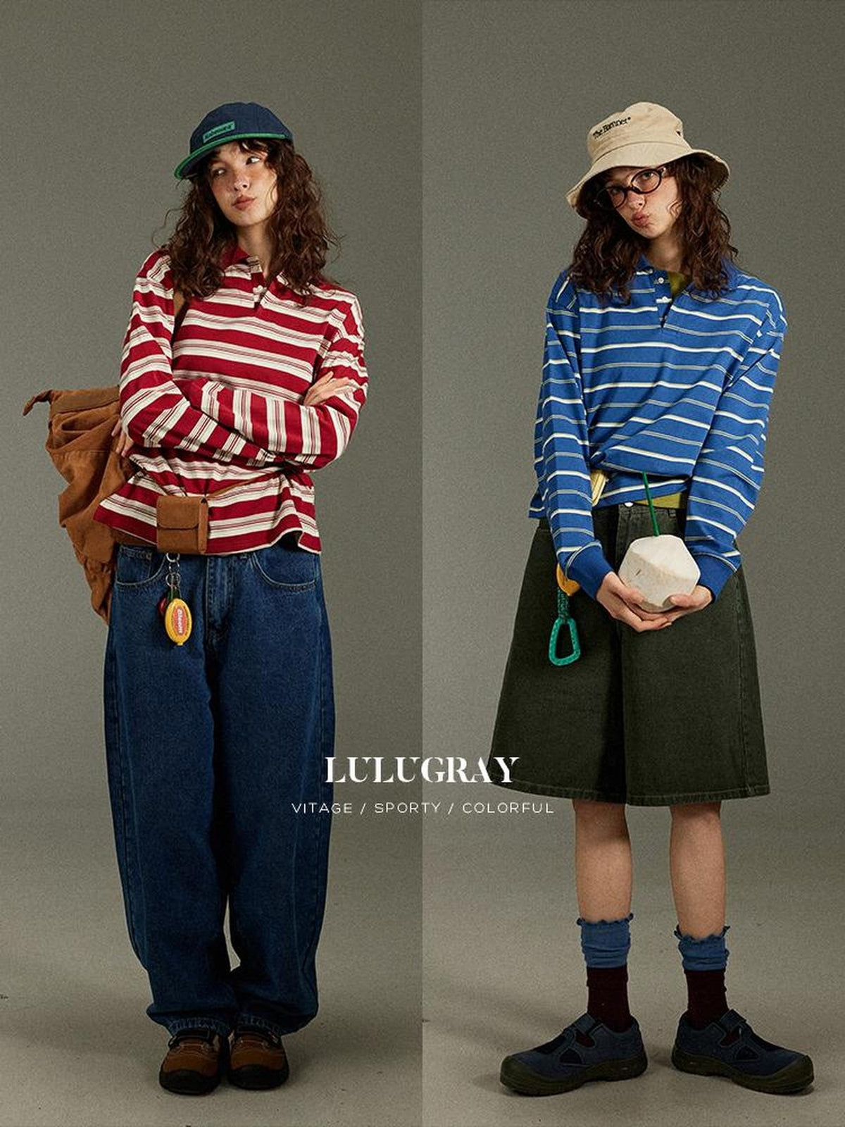 lulugray Vintage Polo Collar Striped Patchwork Women&
