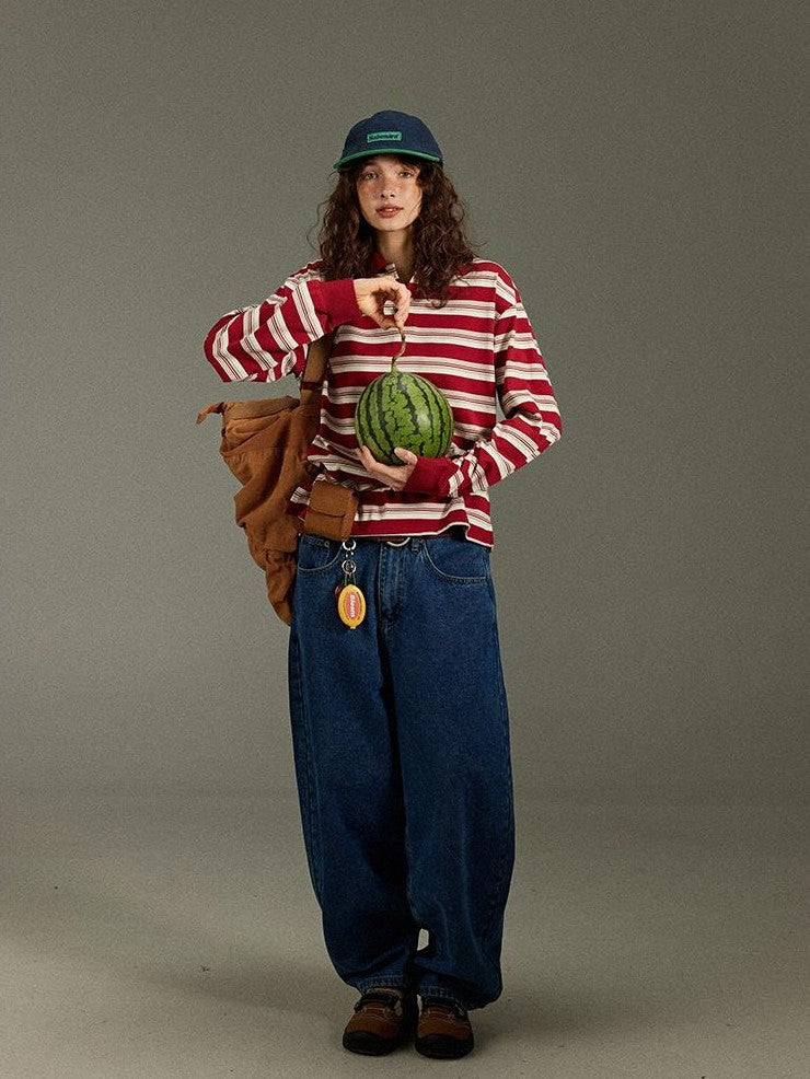 lulugray Vintage Polo Collar Striped Patchwork Women&