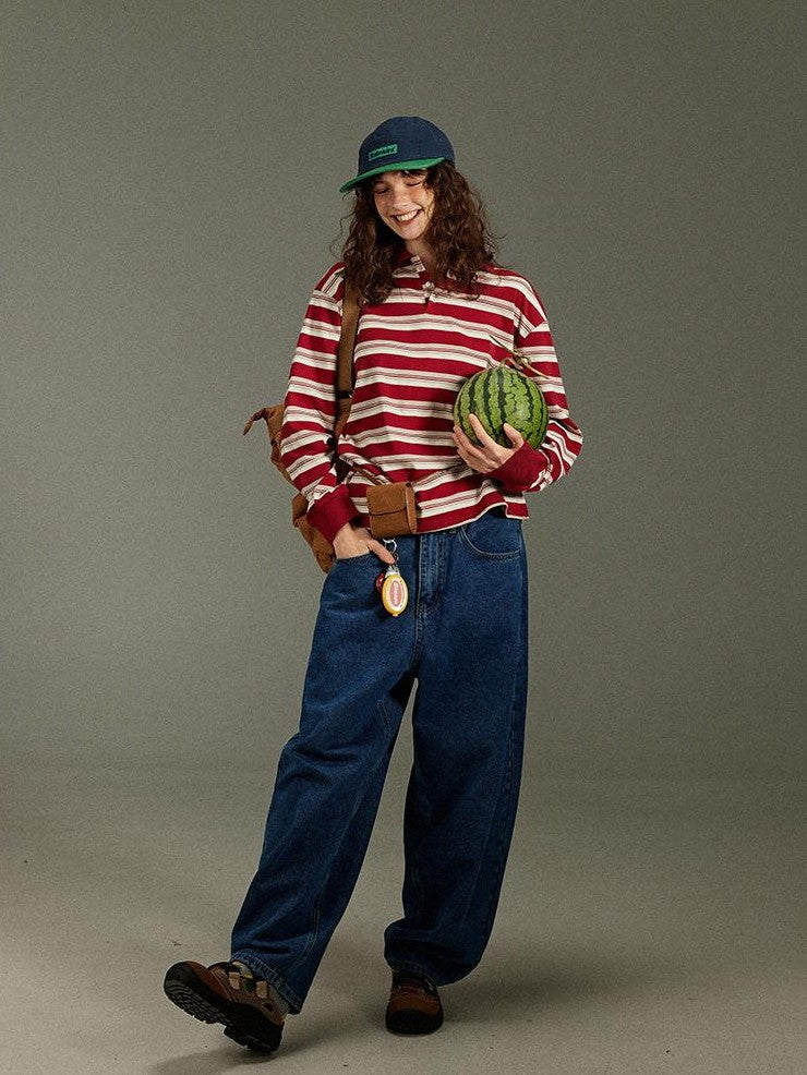 lulugray Vintage Polo Collar Striped Patchwork Women&