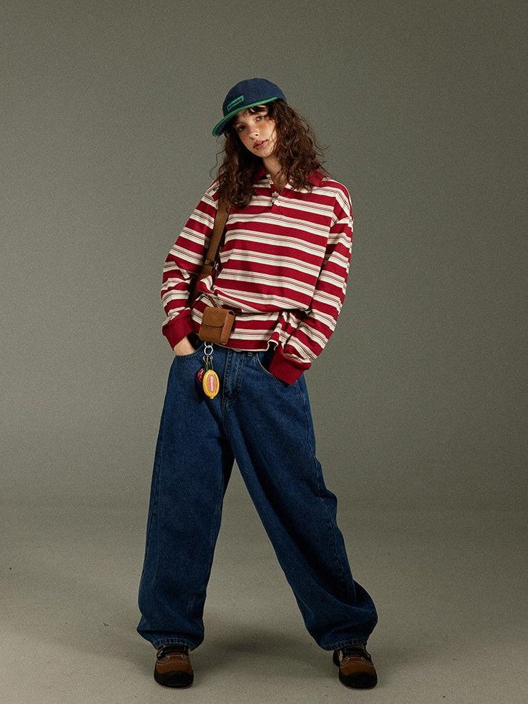 lulugray Vintage Polo Collar Striped Patchwork Women&