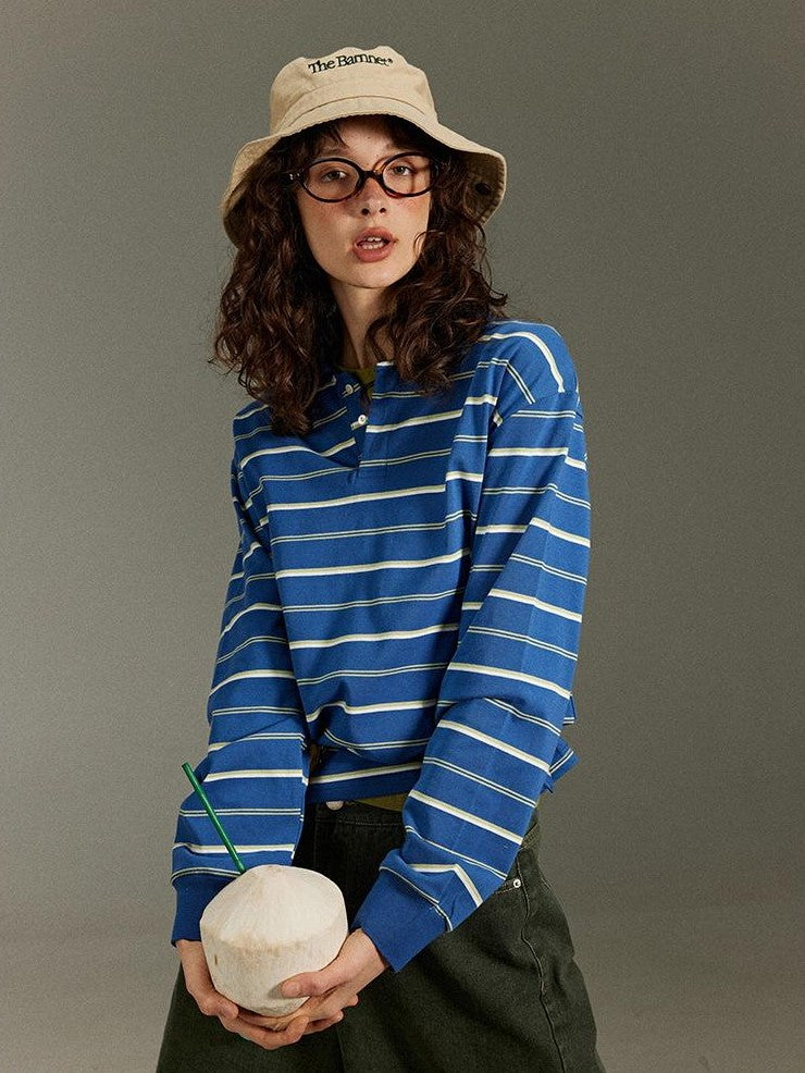 lulugray Vintage Polo Collar Striped Patchwork Women&