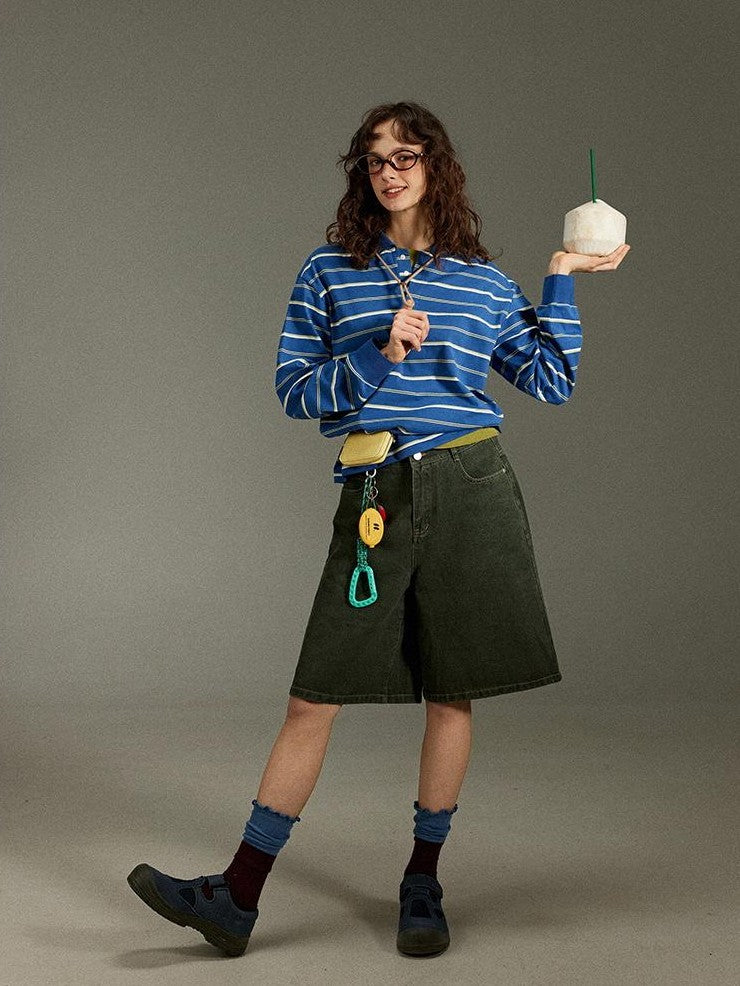 lulugray Vintage Polo Collar Striped Patchwork Women&