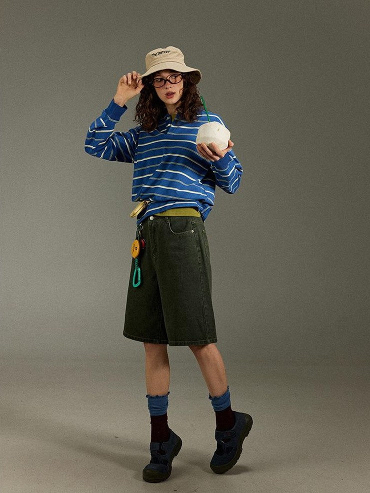 lulugray Vintage Polo Collar Striped Patchwork Women&