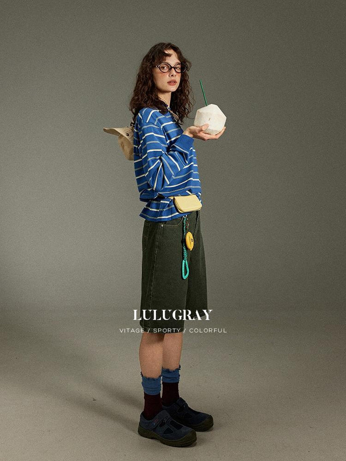 lulugray Vintage Polo Collar Striped Patchwork Women&